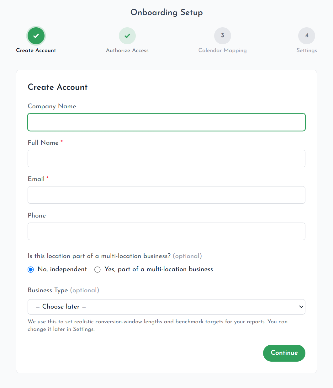 Onboarding wizard — Create Account step with company name, full name, email, phone, multi-location toggle, and business type
