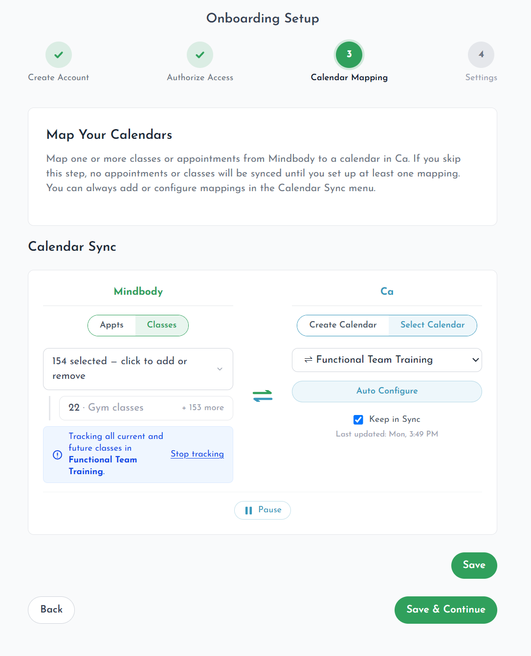 Onboarding wizard — Calendar Mapping step pairing Mindbody classes to a HighLevel calendar, with Auto Configure and Keep in Sync