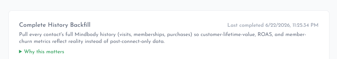 The Complete History Backfill card on the Settings page, showing when the backfill last ran